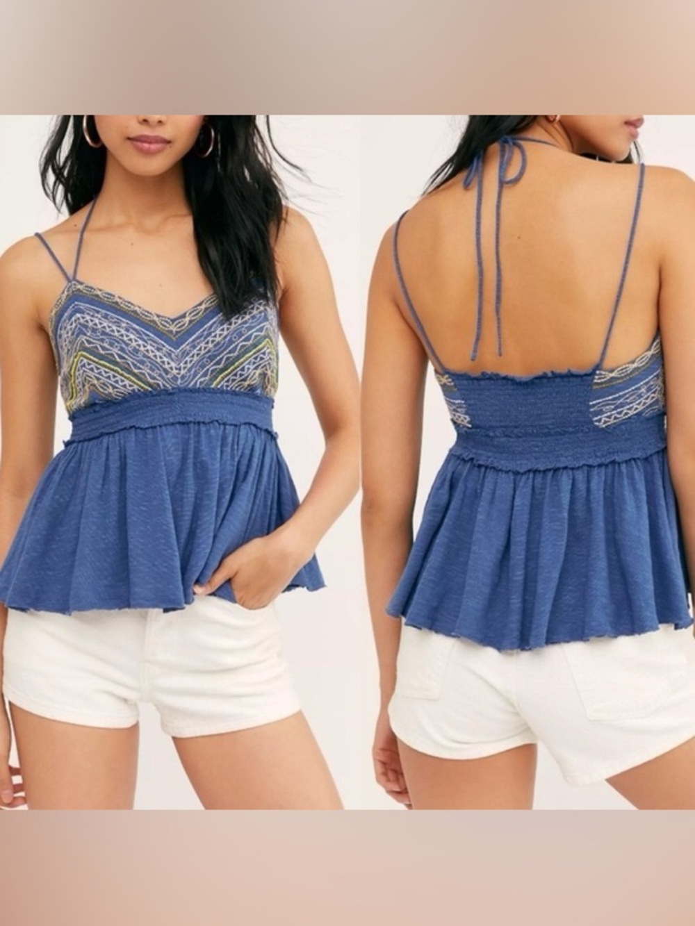 Free People Well Traveled Halter Top Blue Embroidered V-Neck Peplum Tank Small